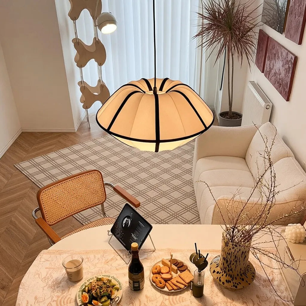 Silk Pendant Light with Handcrafted Textile Shade and Adjustable Suspension for Dining Room