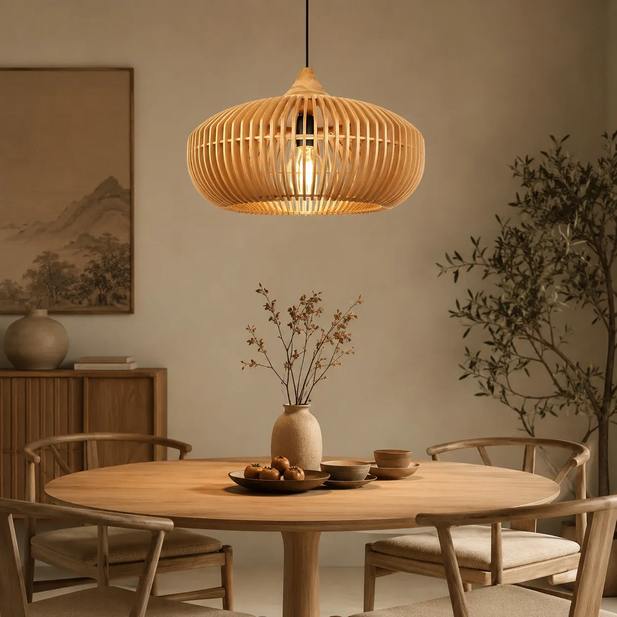 Küchen-Pendelleuchte mit natürlicher, halo-inspirierter Holzsilhouette zur modernen Deckenmontage
