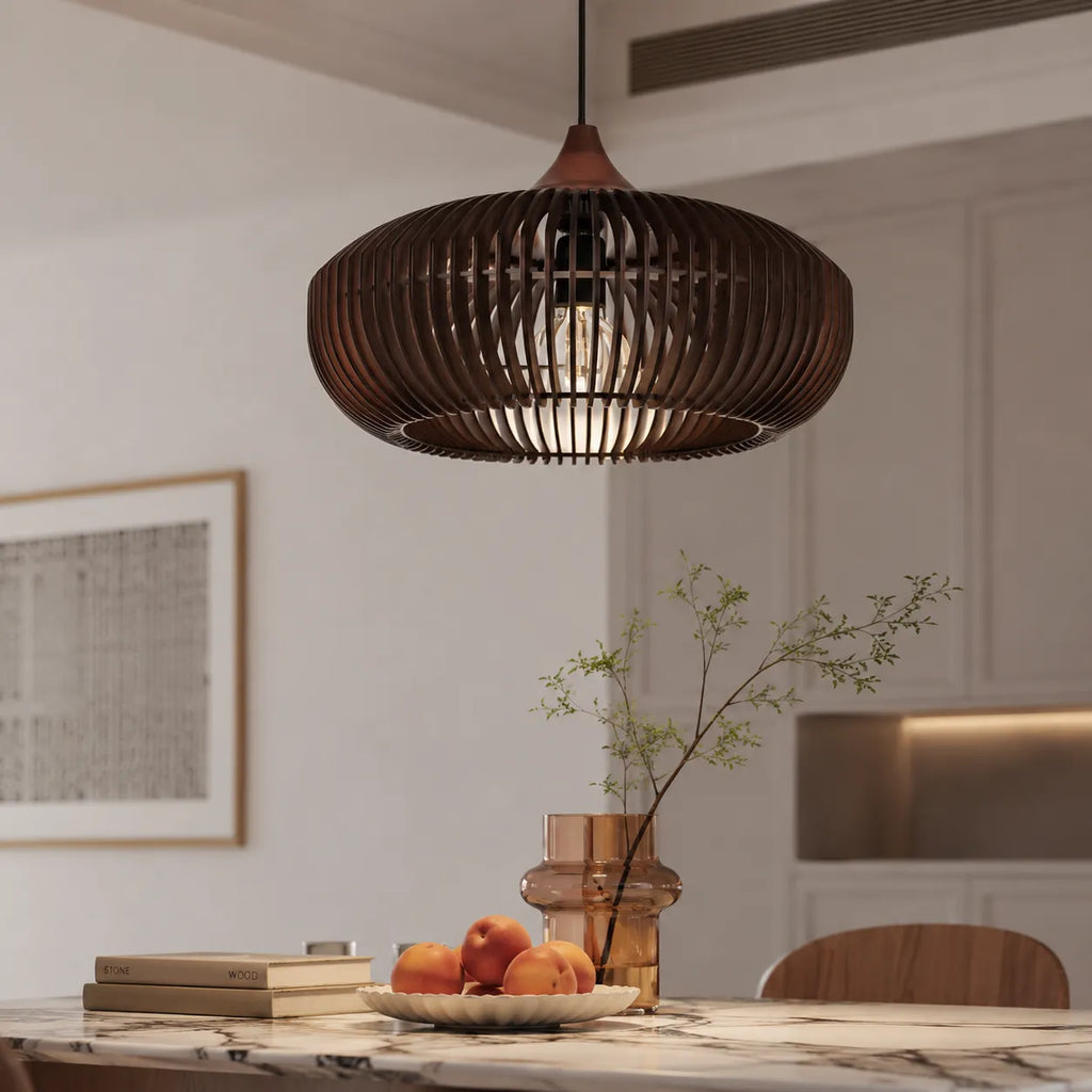 Suspensions de cuisine à la silhouette moderne inspirée d’un halo en bois naturel, à suspendre au plafond