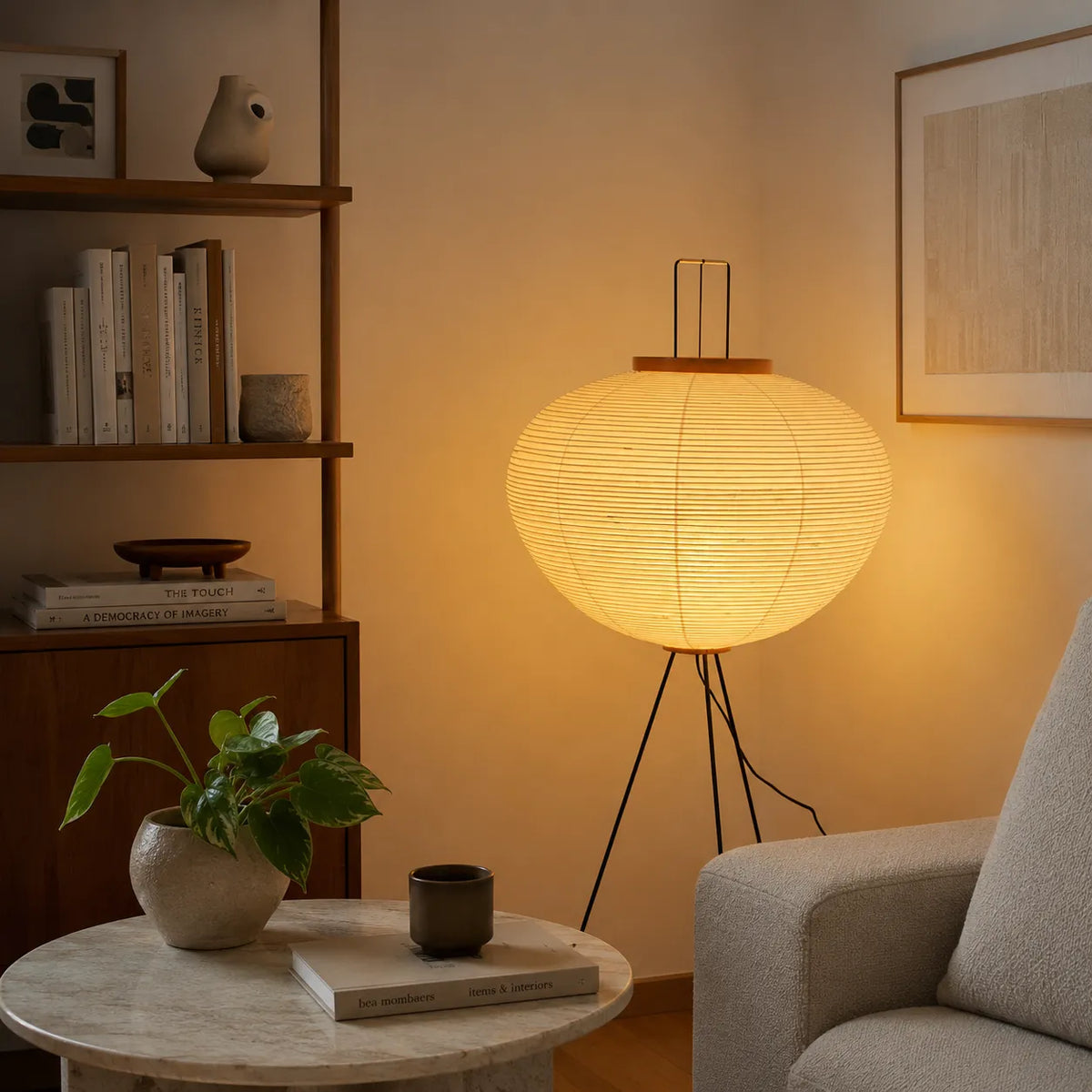 Floor Lamp with Japanese Mulberry Paper Shade and Sculptural Metal Frame