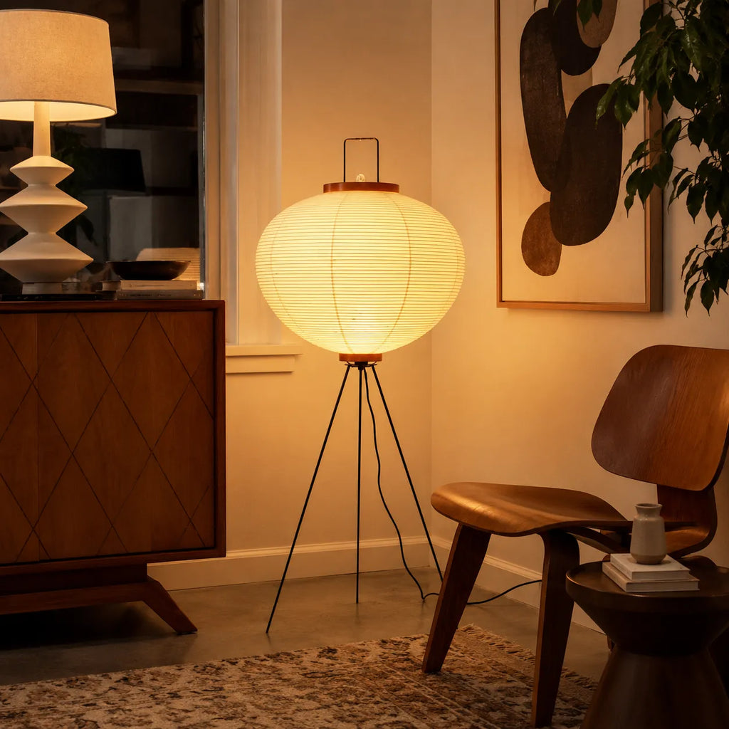 Floor Lamp with Japanese Mulberry Paper Shade and Sculptural Metal Frame