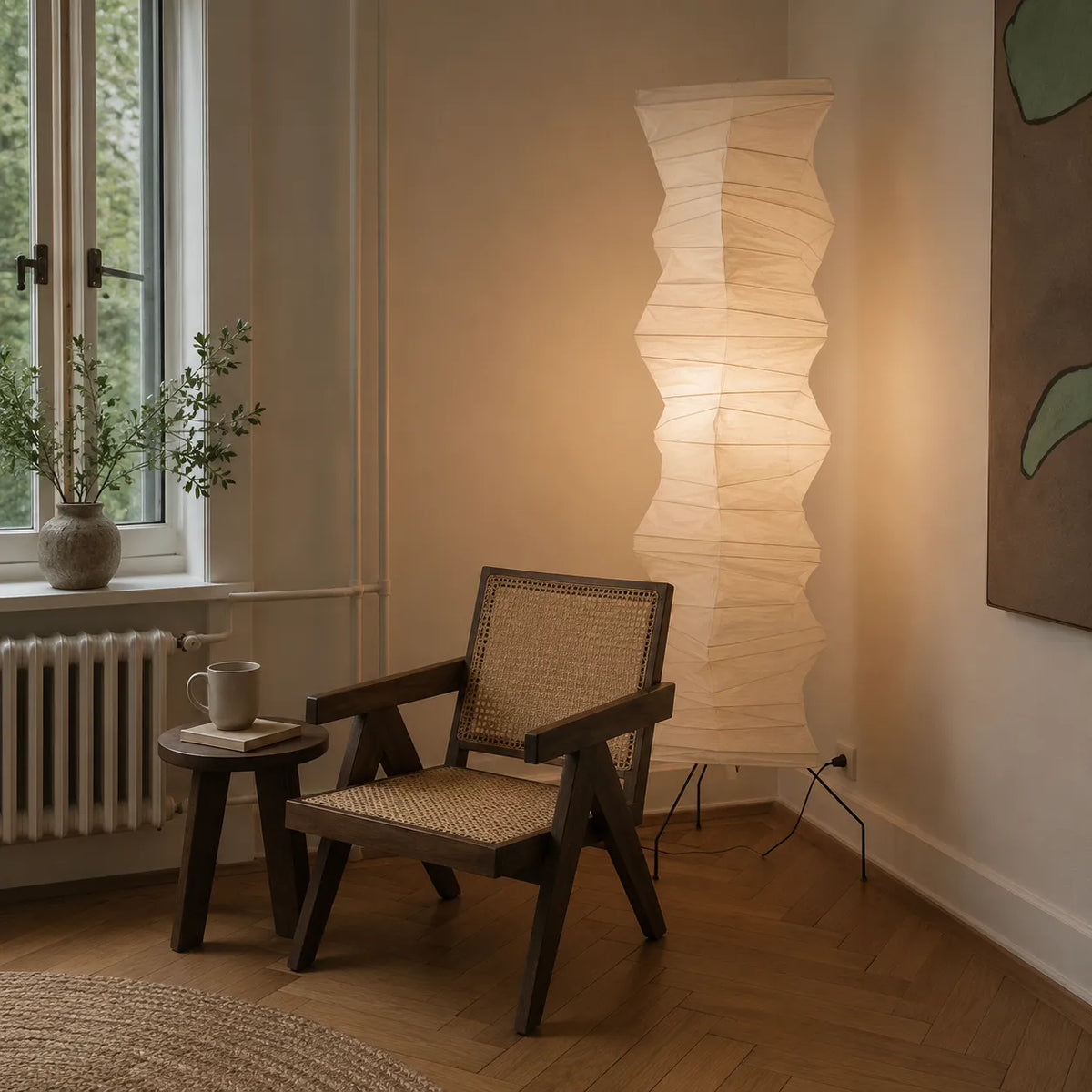 Floor Lamp with Japanese Mulberry Paper Shade and Sculptural Metal Frame