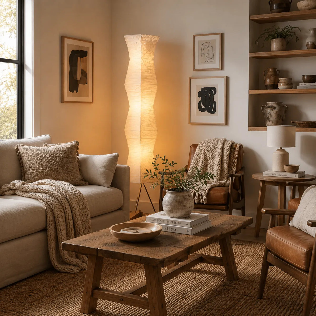 Floor Lamp with Japanese Mulberry Paper Shade and Sculptural Metal Frame