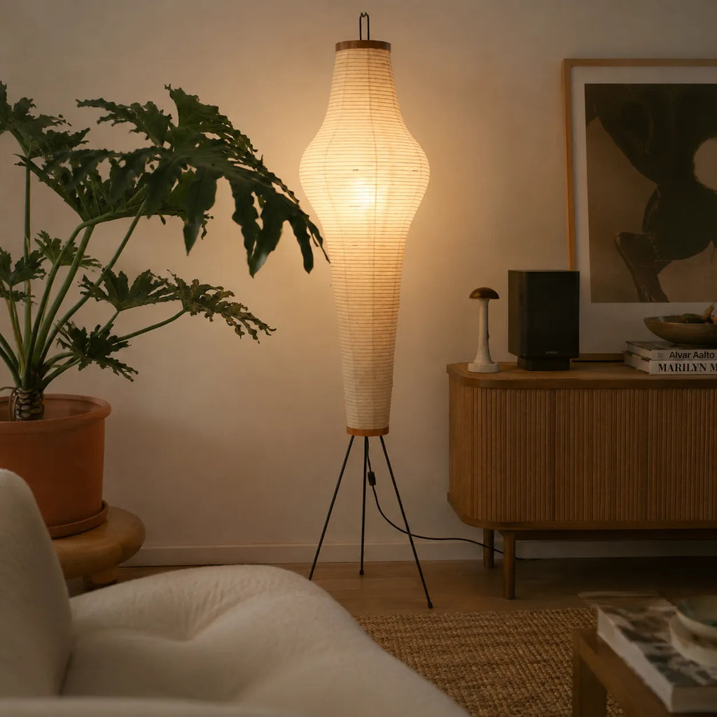 Floor Lamp with Japanese Mulberry Paper Shade and Sculptural Metal Frame