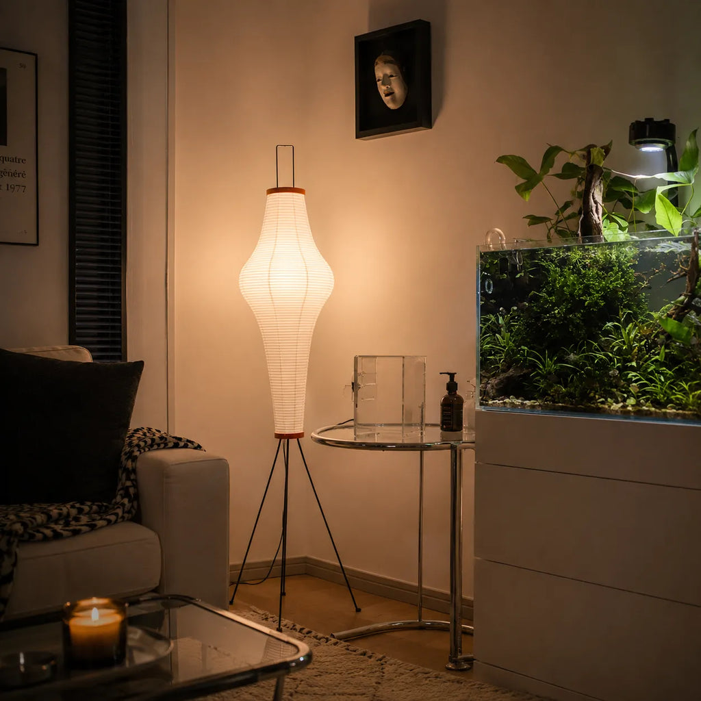 Floor Lamp with Japanese Mulberry Paper Shade and Sculptural Metal Frame