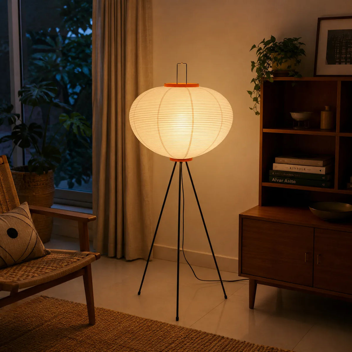 Floor Lamp with Japanese Mulberry Paper Shade and Sculptural Metal Frame