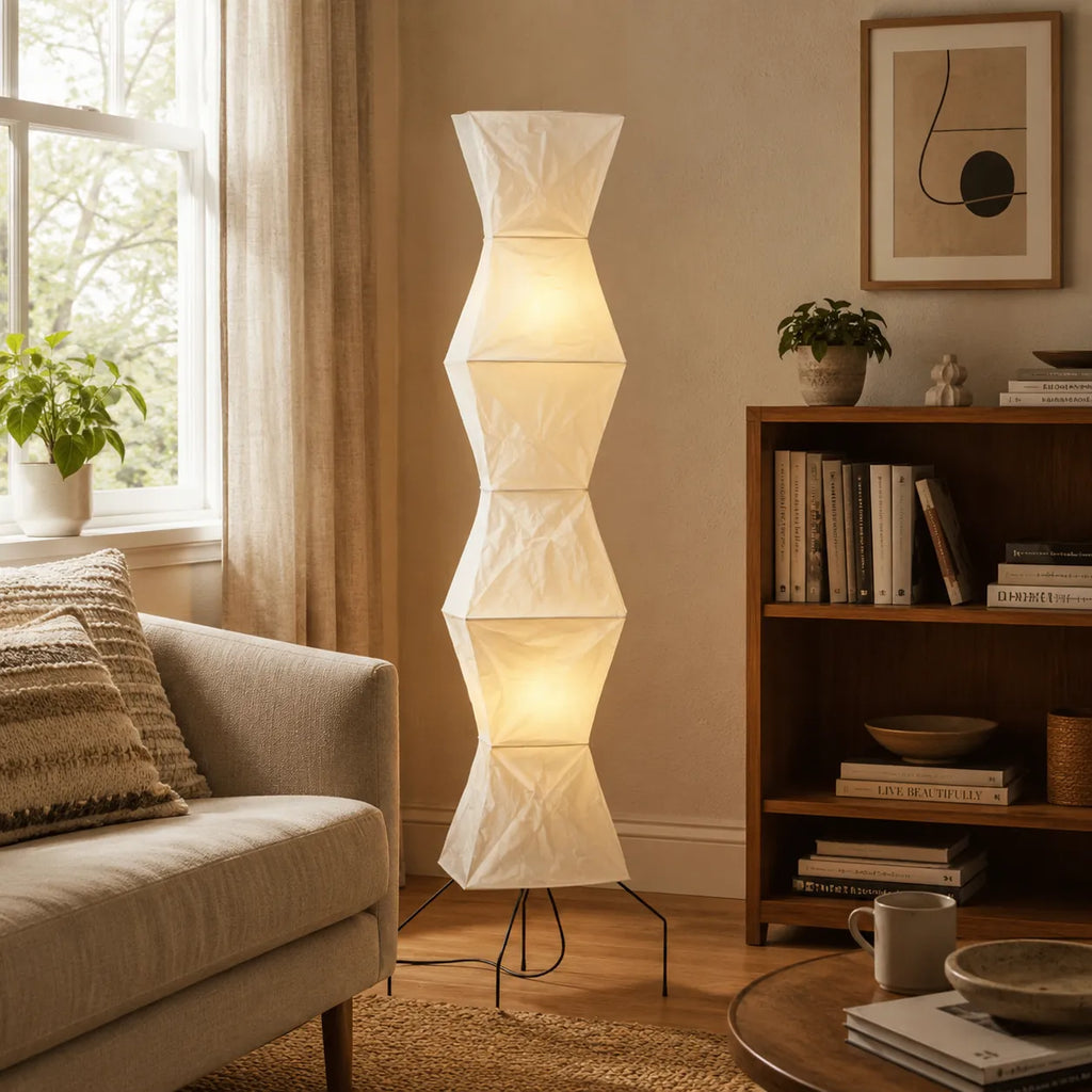 Floor Lamp with Japanese Mulberry Paper Shade and Sculptural Metal Frame
