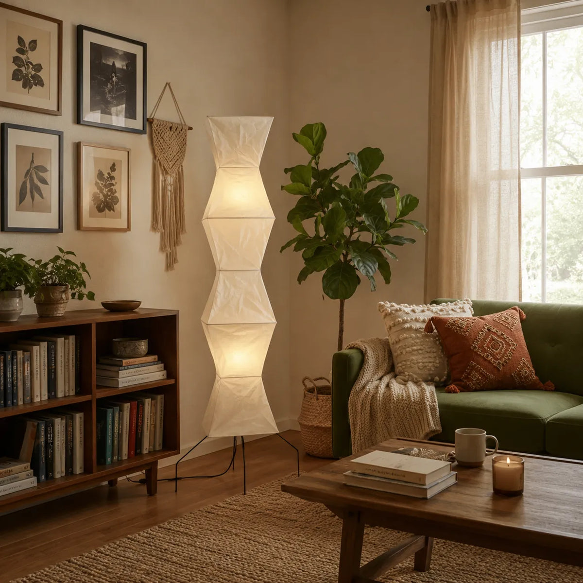 Floor Lamp with Japanese Mulberry Paper Shade and Sculptural Metal Frame