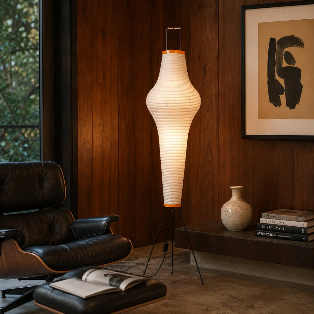 Floor Lamp with Japanese Mulberry Paper Shade and Sculptural Metal Frame