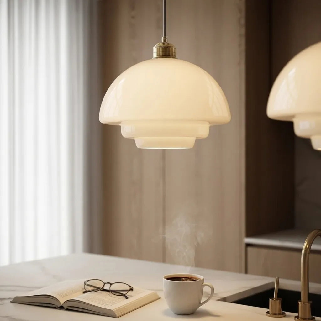Luminaire suspendu avec verre opalin à plusieurs couches et douce lumière d’ambiance