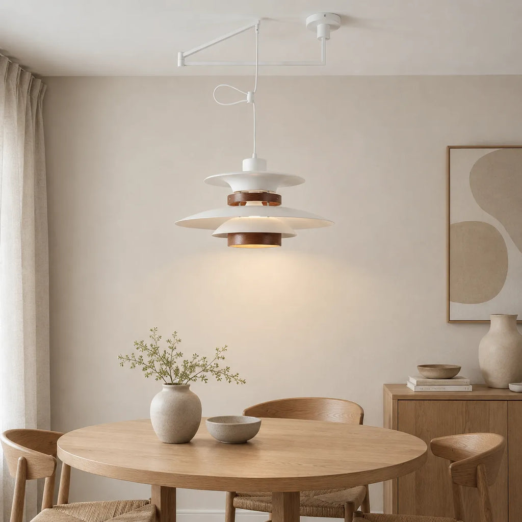 Pendant Light with Adjustable Arm and Layered Metal Shades