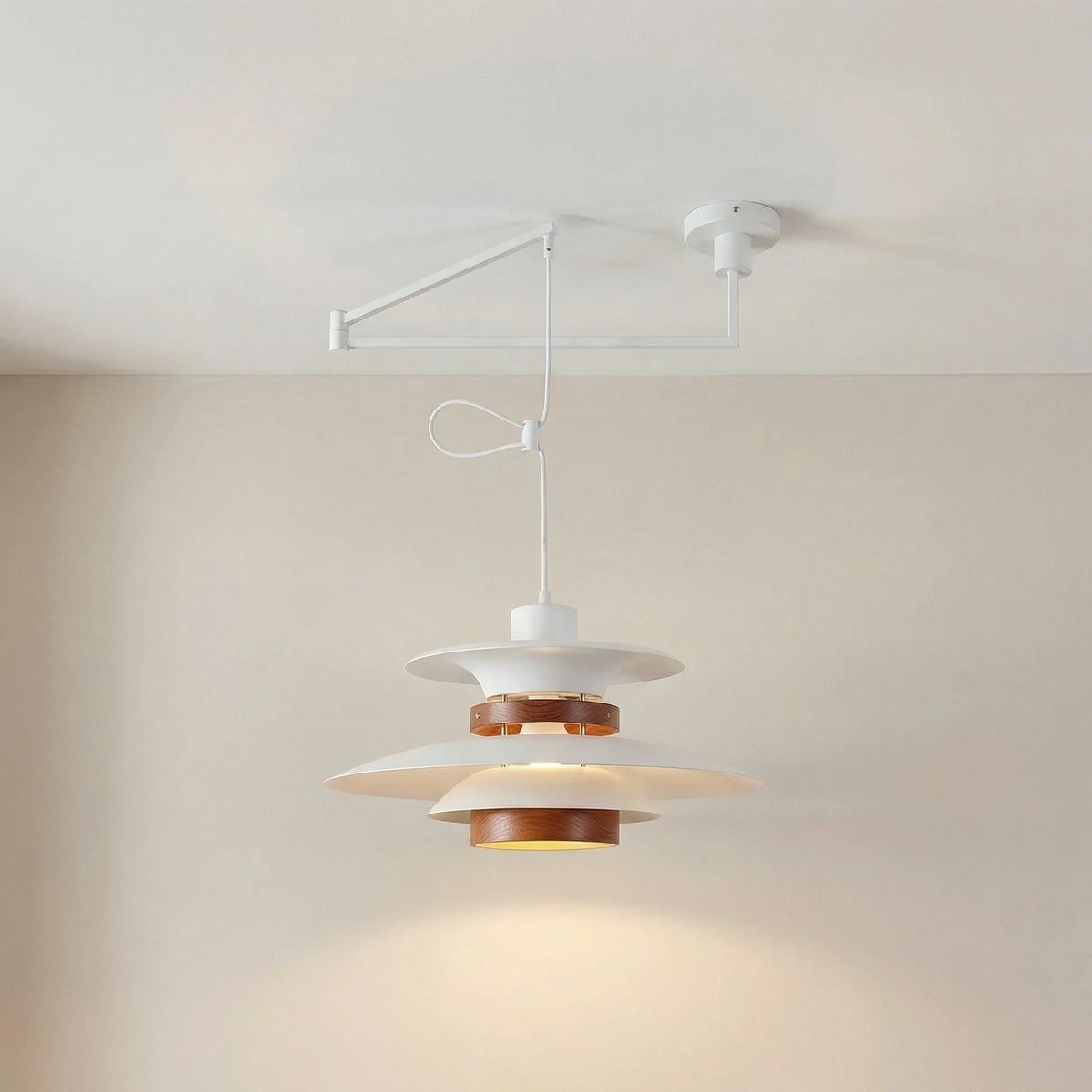 Pendant Light with Adjustable Arm and Layered Metal Shades