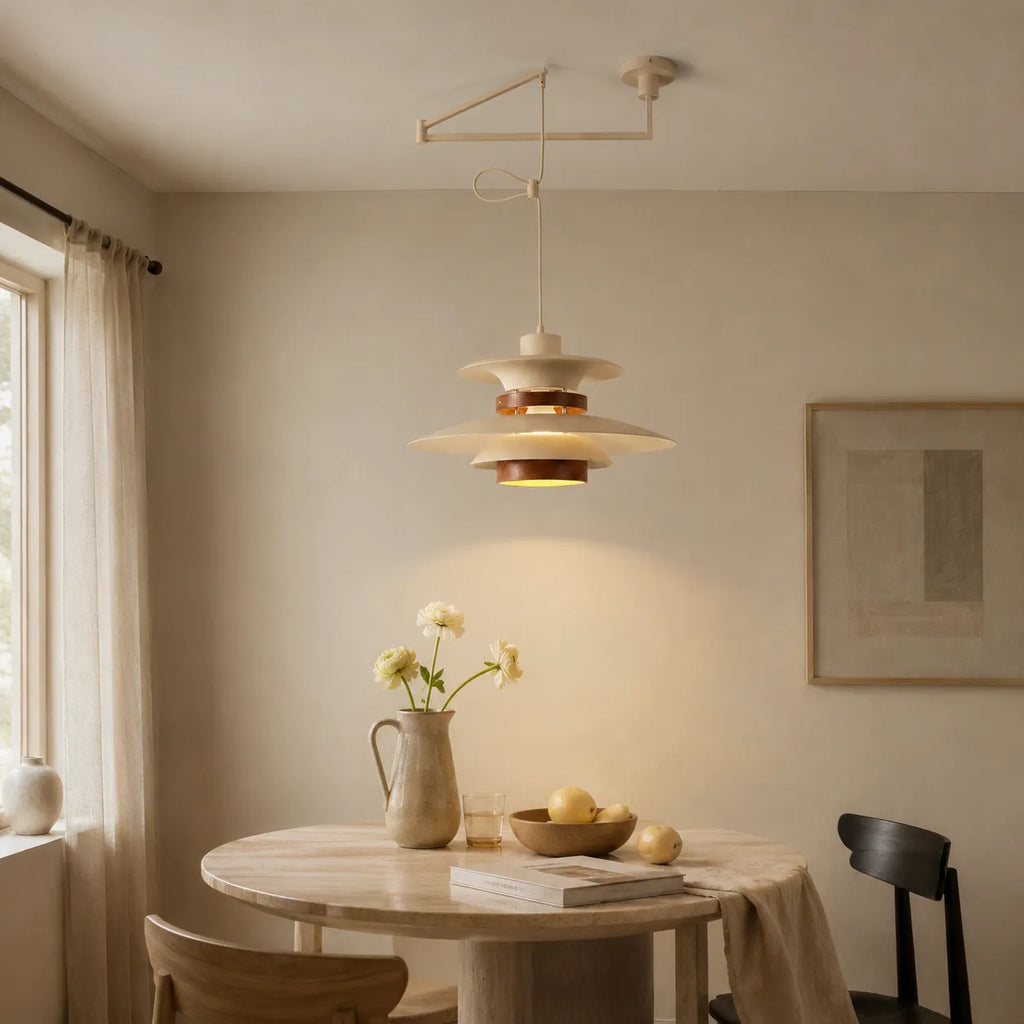 Pendant Light with Adjustable Arm and Layered Metal Shades