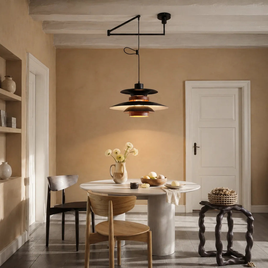 Pendant Light with Adjustable Arm and Layered Metal Shades
