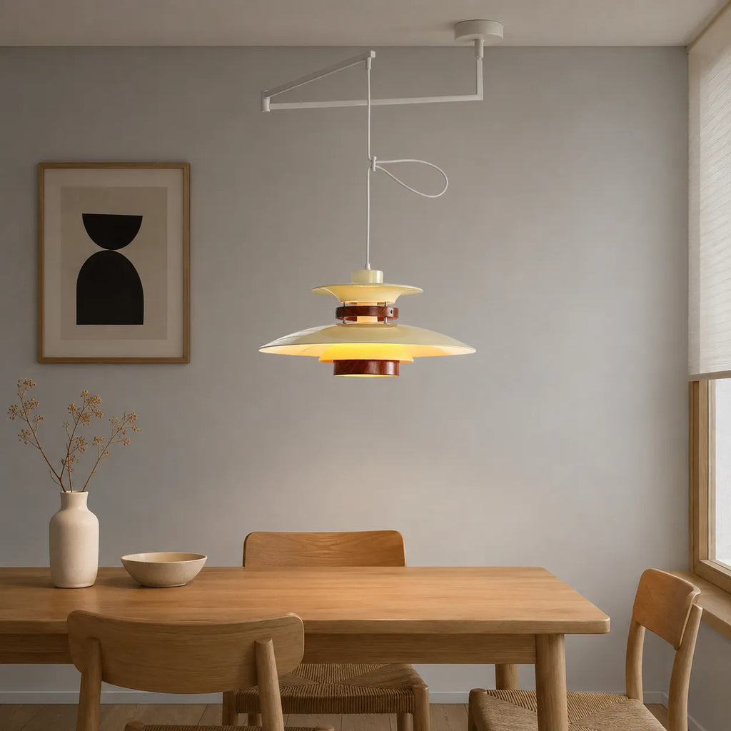 Pendant Light with Adjustable Arm and Layered Metal Shades