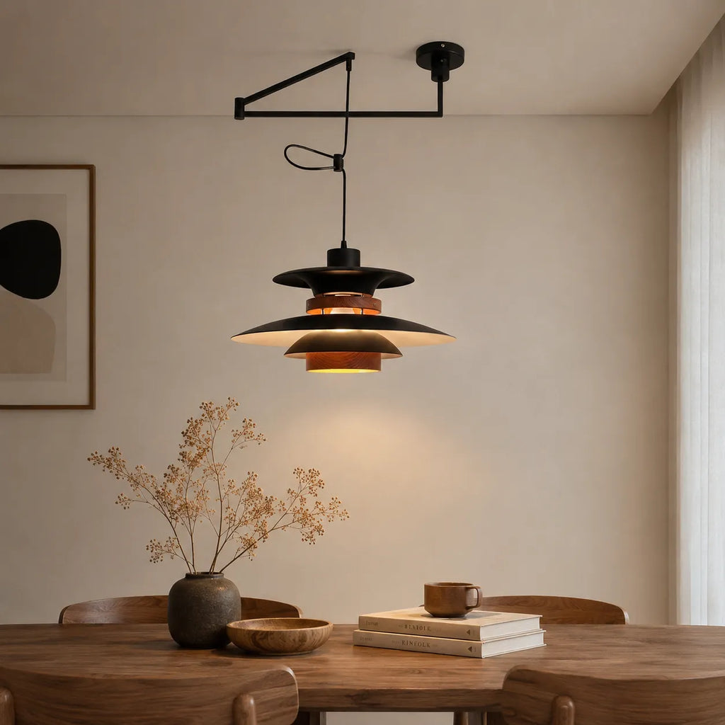 Pendant Light with Adjustable Arm and Layered Metal Shades