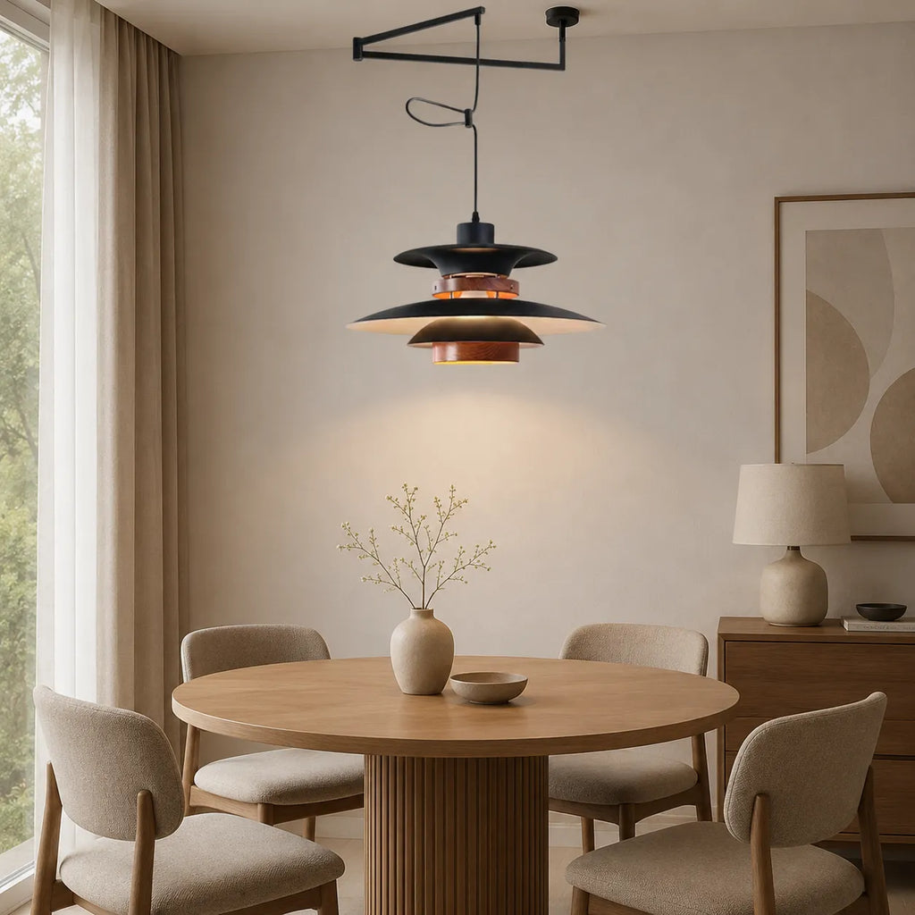 Pendant Light with Adjustable Arm and Layered Metal Shades