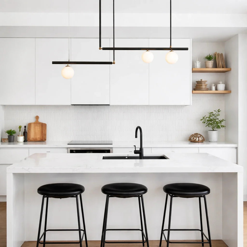 Linear Chandelier for Dining Room with Mid-Century Modern Glass Globe Design