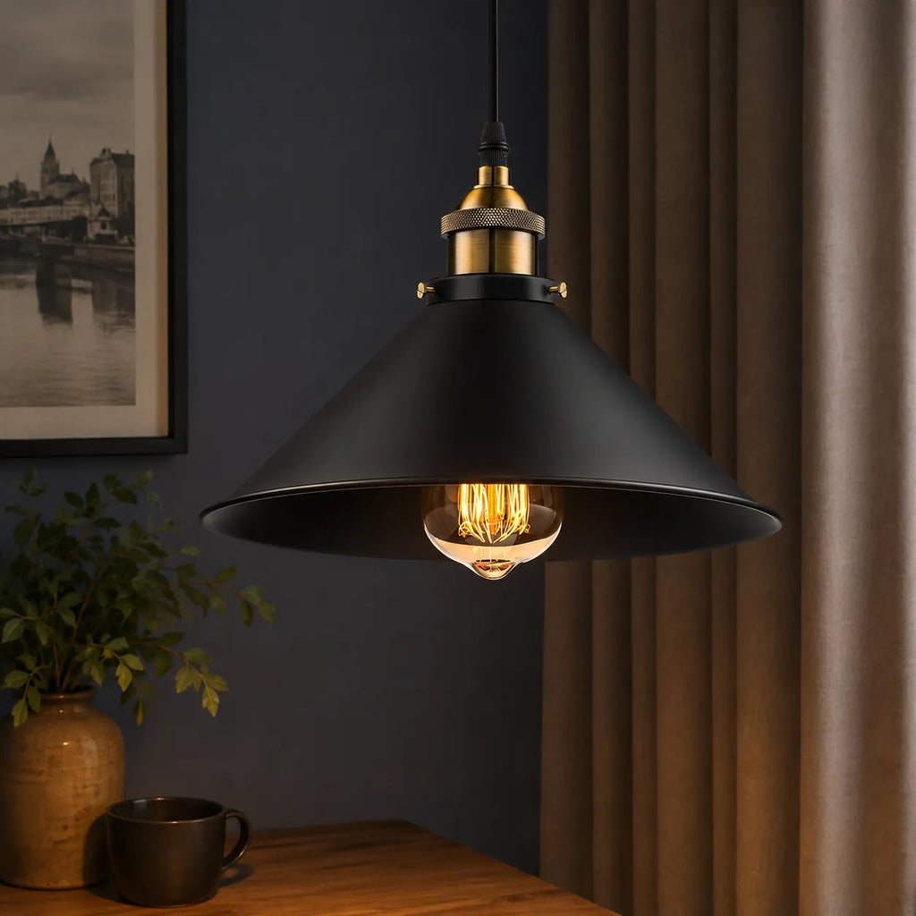 Pendant Light with Black Metal Cone Shade and Brass Accent