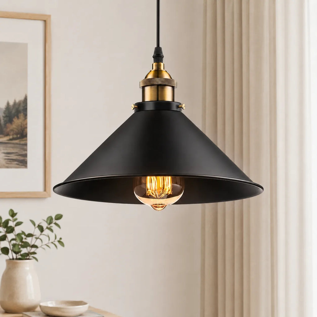 Pendant Light with Black Metal Cone Shade and Brass Accent