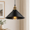 Pendant Light with Black Metal Cone Shade and Brass Accent