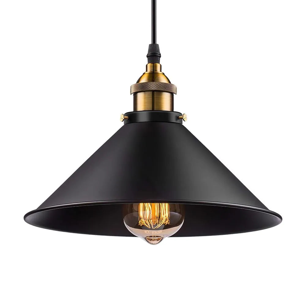 Pendant Light with Black Metal Cone Shade and Brass Accent