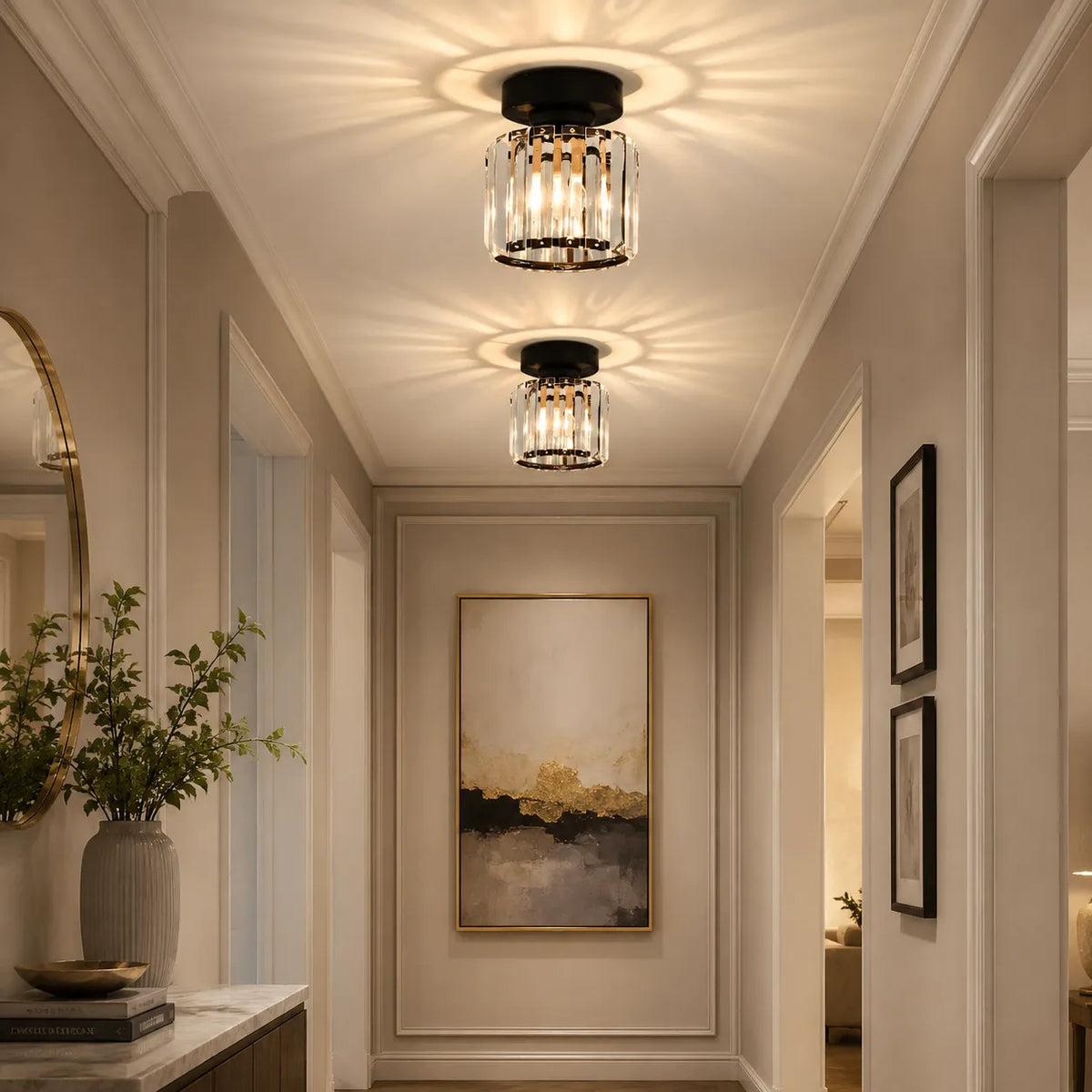 Plafonnier Lunara moderne semi-affleurant en laiton et cristal