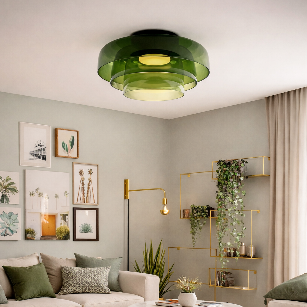 Lámpara LED tipo plafón con pantalla de vidrio en capas, estilo de mediados de siglo, para dormitorio o pasillo