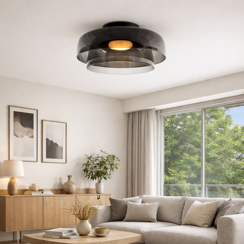 Lámpara LED tipo plafón con pantalla de vidrio en capas, estilo de mediados de siglo, para dormitorio o pasillo