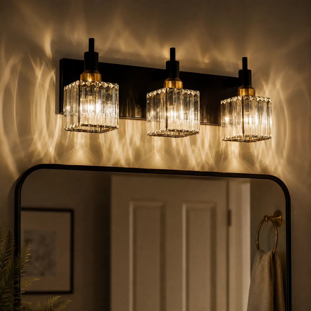 Bathroom Vanity Light Fixtures with Faceted Crystal and Metal Detail