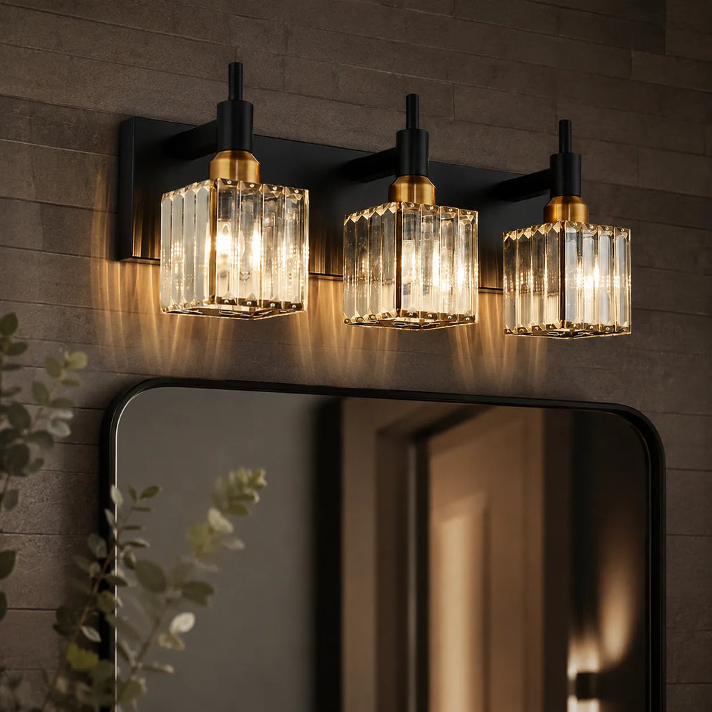 Bathroom Vanity Light Fixtures with Faceted Crystal and Metal Detail