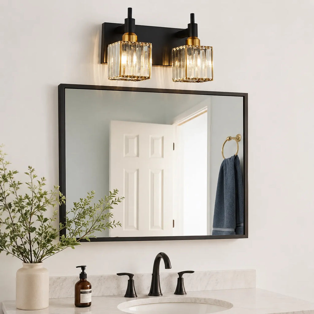 Bathroom Vanity Light Fixtures with Faceted Crystal and Metal Detail