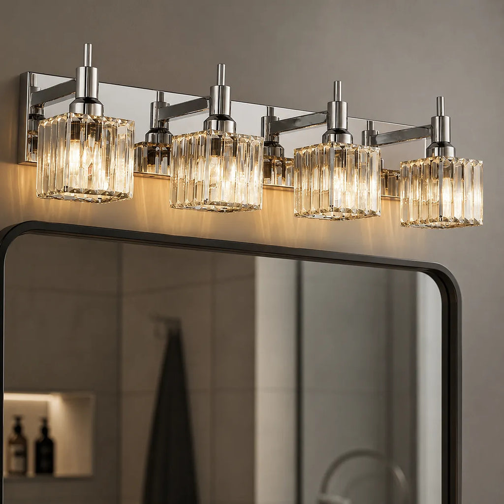 Bathroom Vanity Light Fixtures with Faceted Crystal and Metal Detail