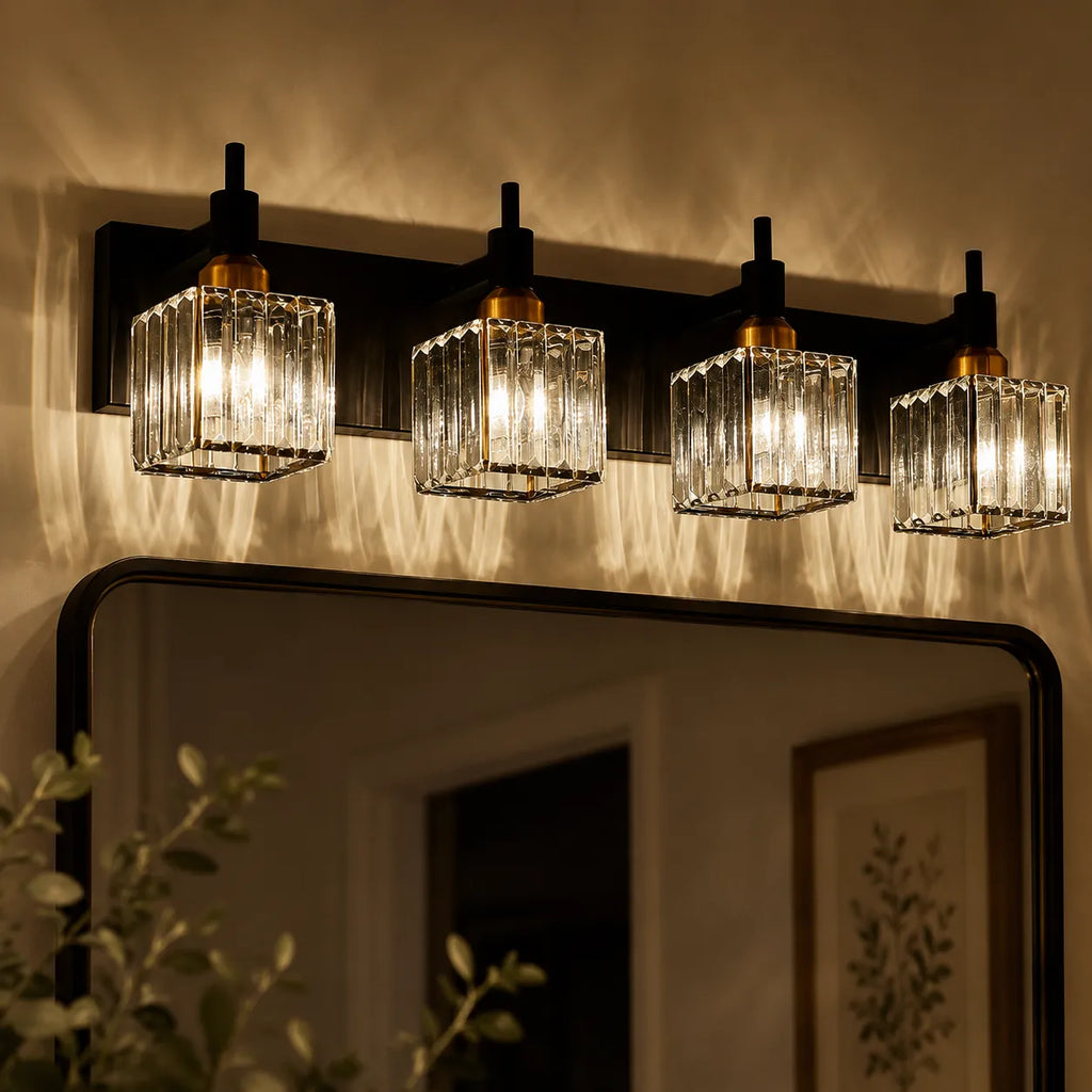Bathroom Vanity Light Fixtures with Faceted Crystal and Metal Detail