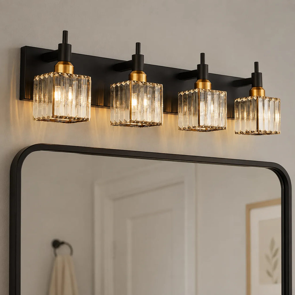 Bathroom Vanity Light Fixtures with Faceted Crystal and Metal Detail