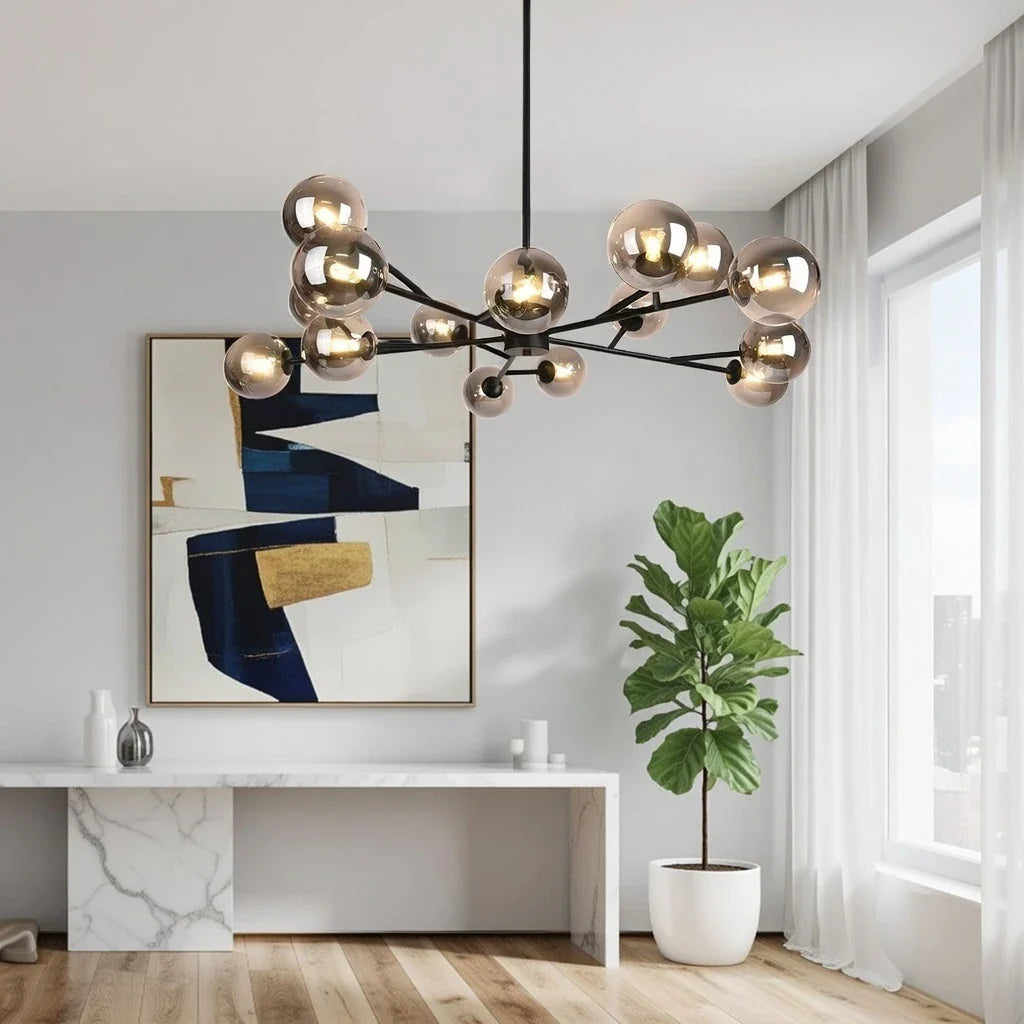 Kronleuchter im Mid-Century-Stil, Sputnik-Design mit 15 Glaskugeln und kugelförmigem Zentrum
