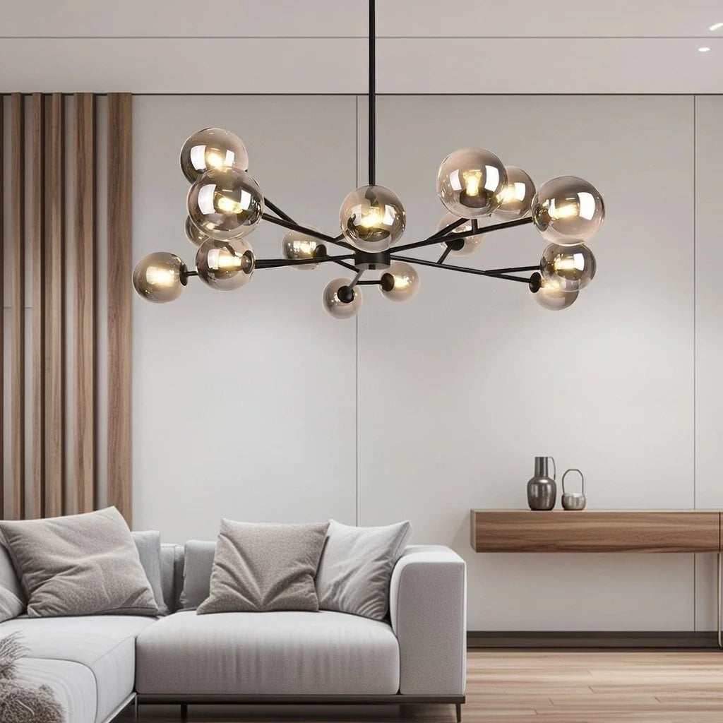Kronleuchter im Mid-Century-Stil, Sputnik-Design mit 15 Glaskugeln und kugelförmigem Zentrum