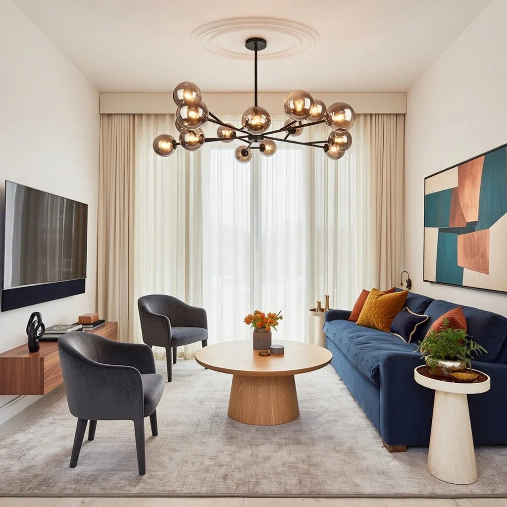 Kronleuchter im Mid-Century-Stil, Sputnik-Design mit 15 Glaskugeln und kugelförmigem Zentrum