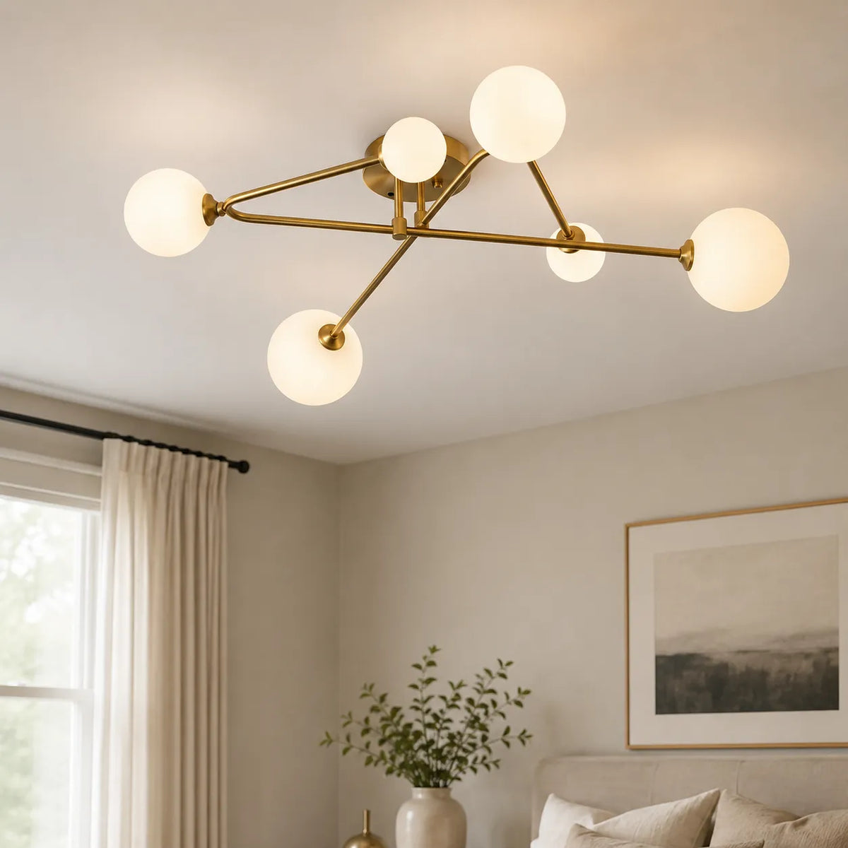 Plafoniera semi-incassata Sputnik Mid-Century con 6 luci in vetro satinato Greta