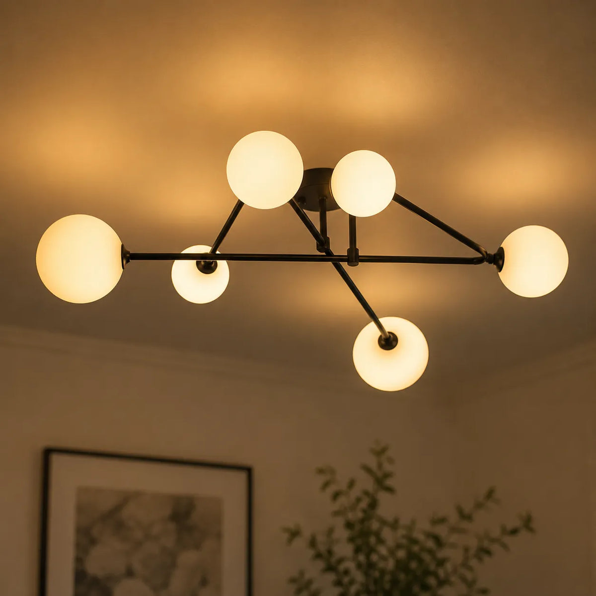 Plafoniera semi-incassata Sputnik Mid-Century con 6 luci in vetro satinato Greta