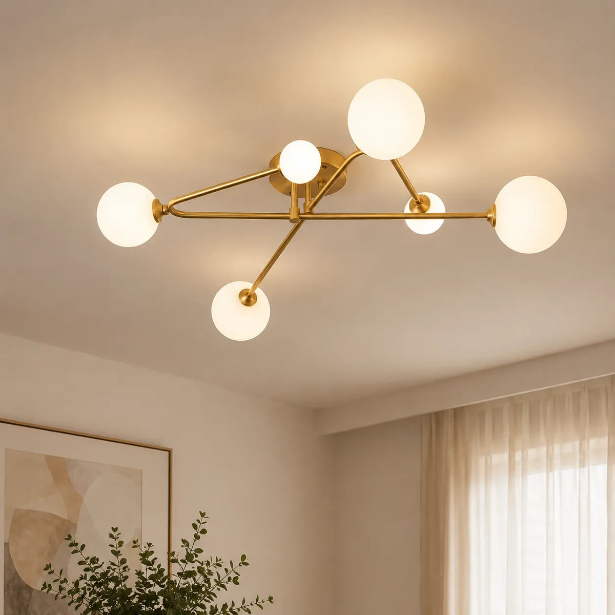 Plafoniera semi-incassata Sputnik Mid-Century con 6 luci in vetro satinato Greta