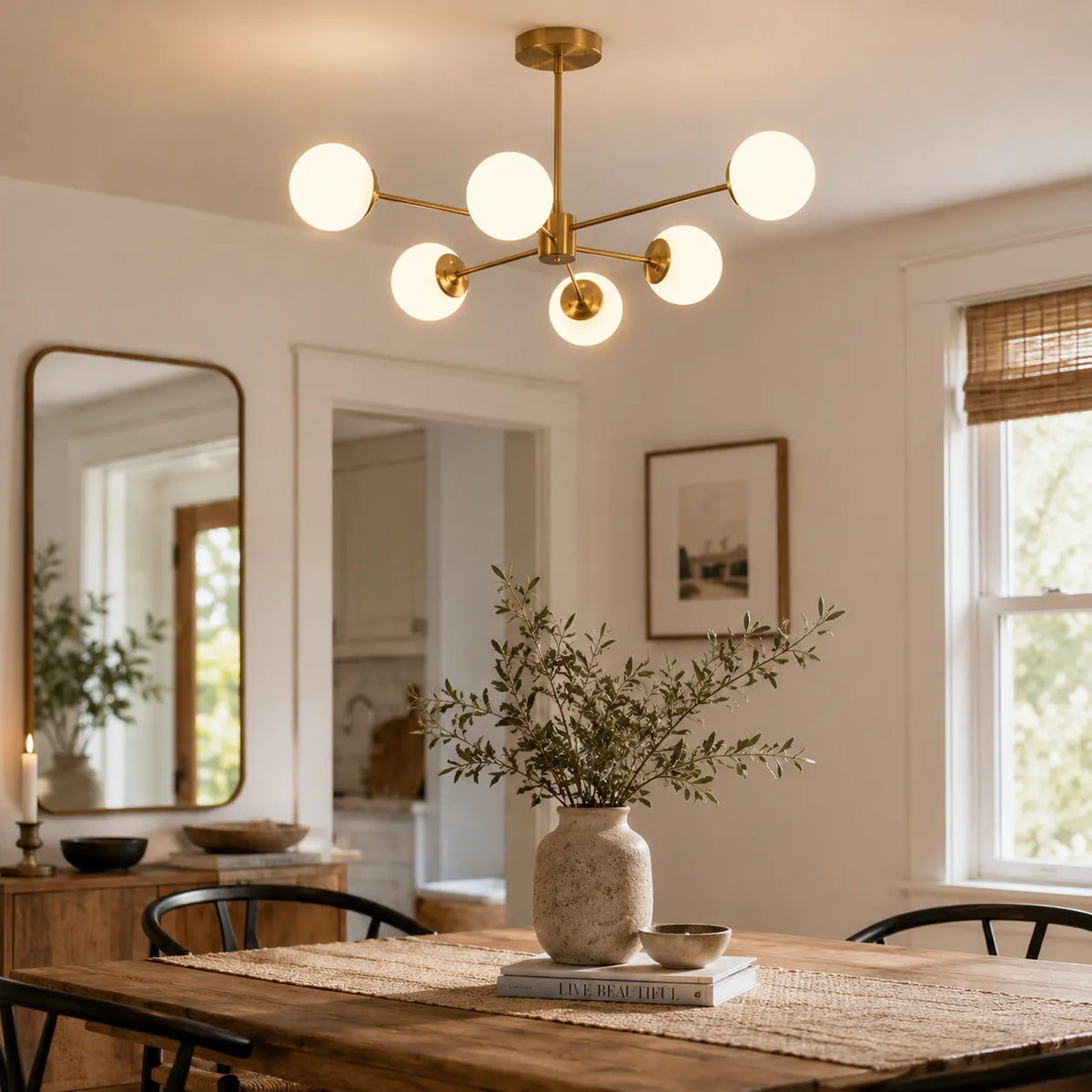 Chandelier Mid-Century Frosted Glass Globe Sputnik with Multiple Arms