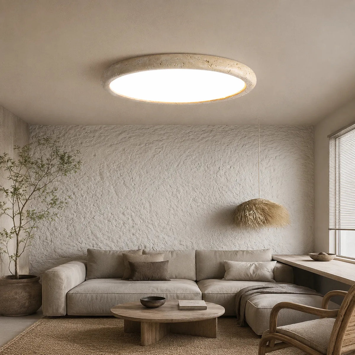 Plafonnier extra-plat rond en travertin pour cuisine, chambre et salon