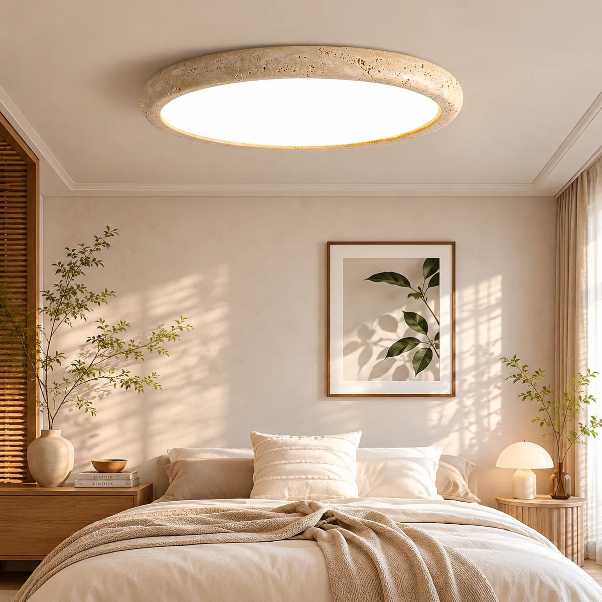 Plafonnier extra-plat rond en travertin pour cuisine, chambre et salon