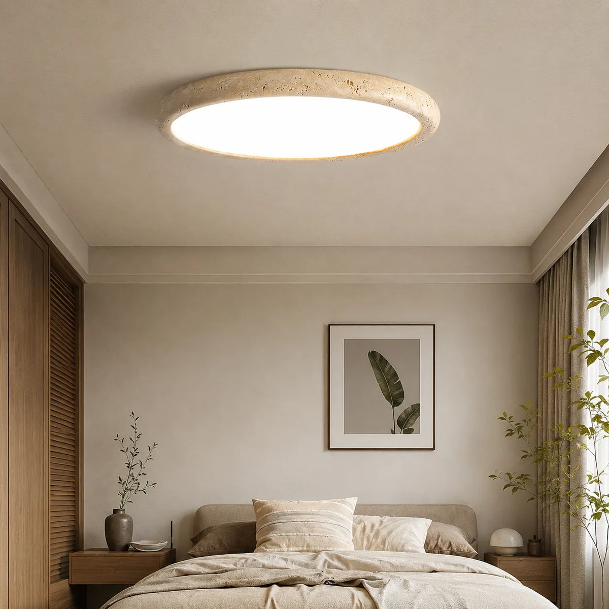 Plafonnier extra-plat rond en travertin pour cuisine, chambre et salon