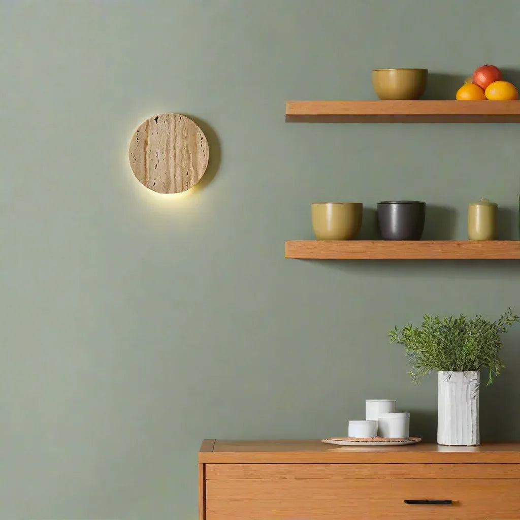 Applique murale minimaliste en travertin avec éclairage doux vers le bas et forme arrondie en pierre