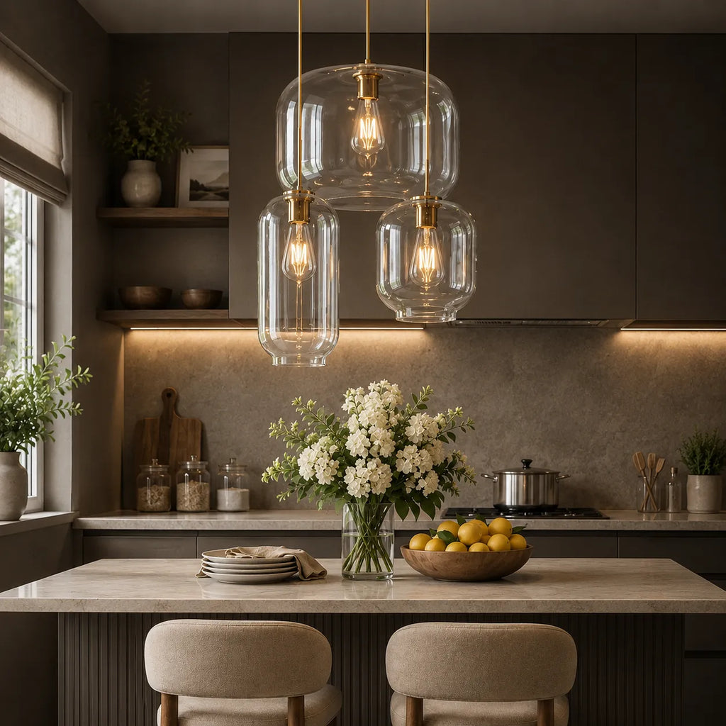 Pendelleuchte mit mehrschichtigen klaren Glasschirmen und Cluster-Design für Wohn- und Esszimmer