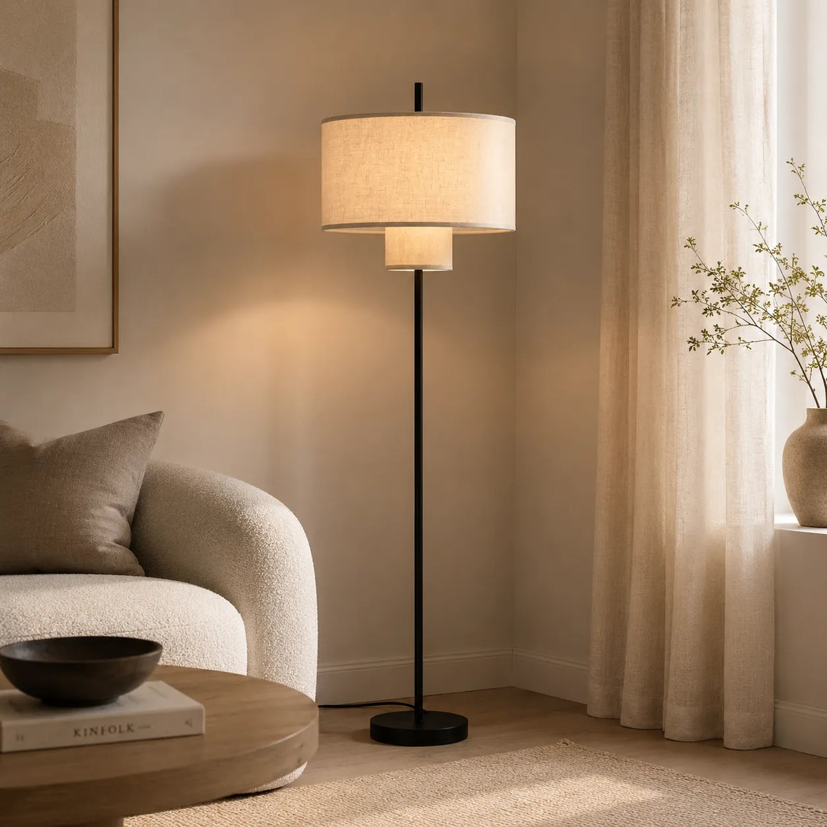 Floor Lamp with Soft Fabric Shade and Metal Construction for Modern Living Spaces