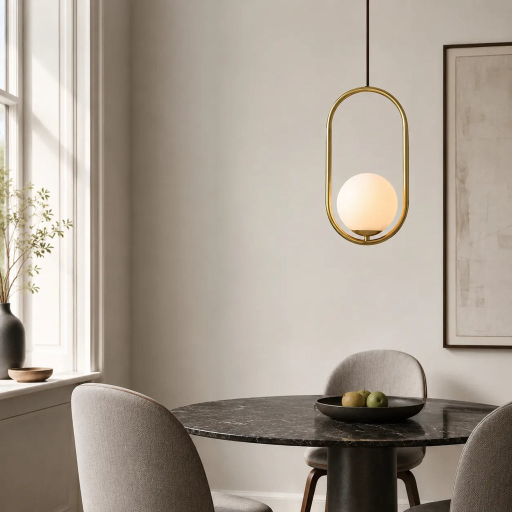 Pendant Light with Milky Glass Globe and Metal Frame for Modern Dining Room Lighting
