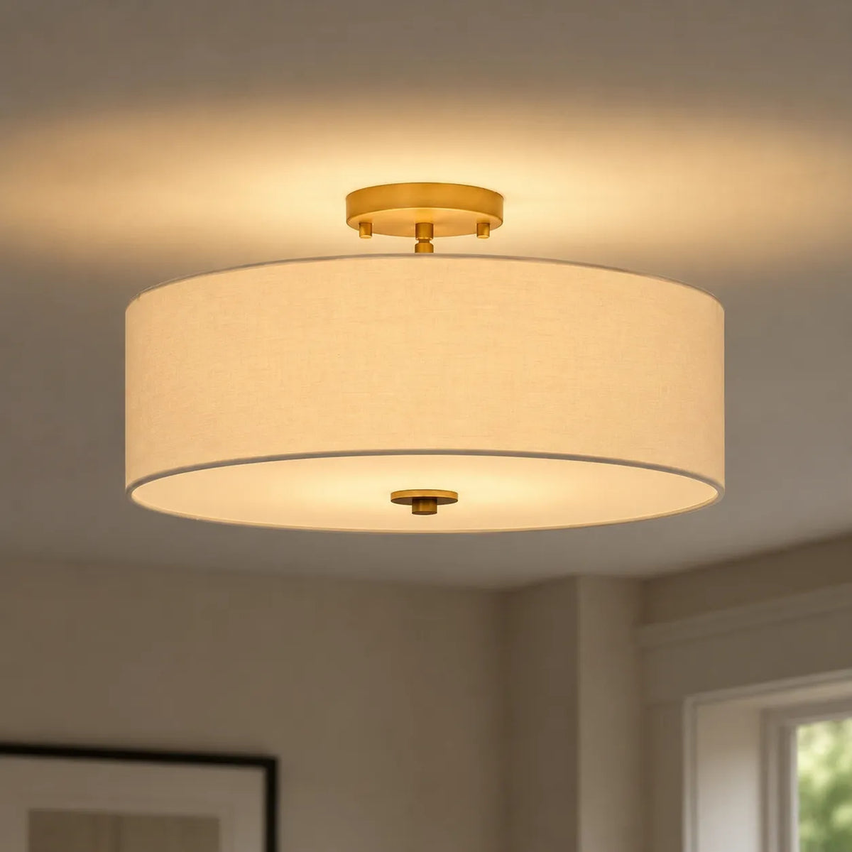 Semi Flush Ceiling Light with Tiered Linen Drum Shade for Bedroom Living Room Dining